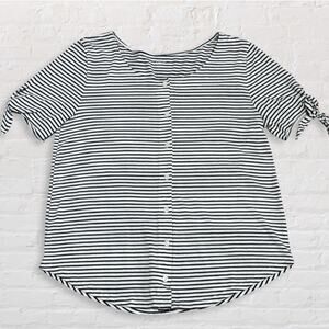 LOFT Outlet Striped Button Front Shirt Women M Soft Black White Top Tie Sleeves